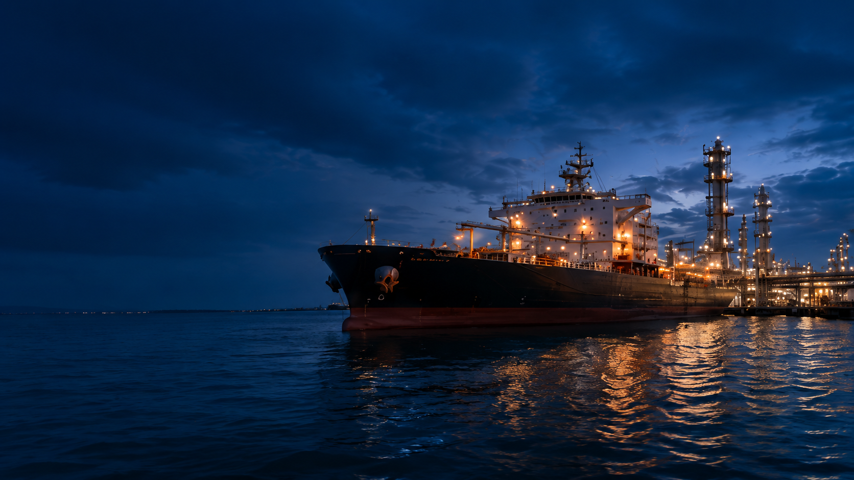 Petroleum tanker at an illuminated refinery terminal
